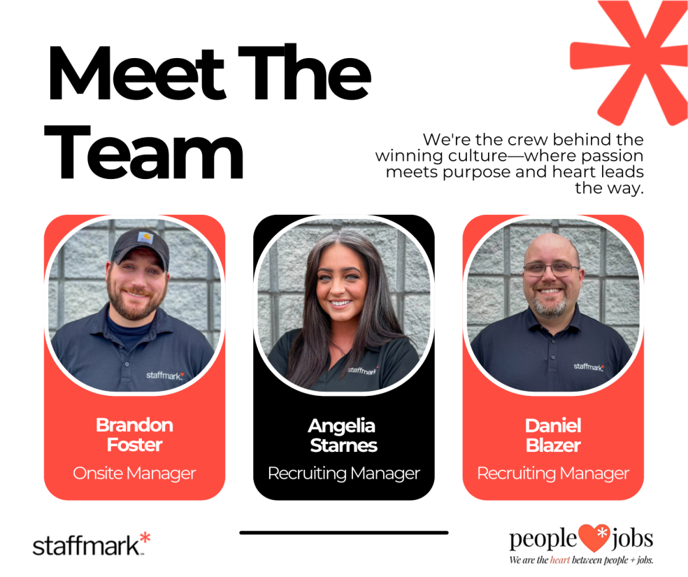 Meet the team graphic featuring three individuals: Onsite Manager Brandon Foster, Recruiting Manager Angelia Starnes, and Recruiting Manager Daniel Blazer, all standing together and smiling
