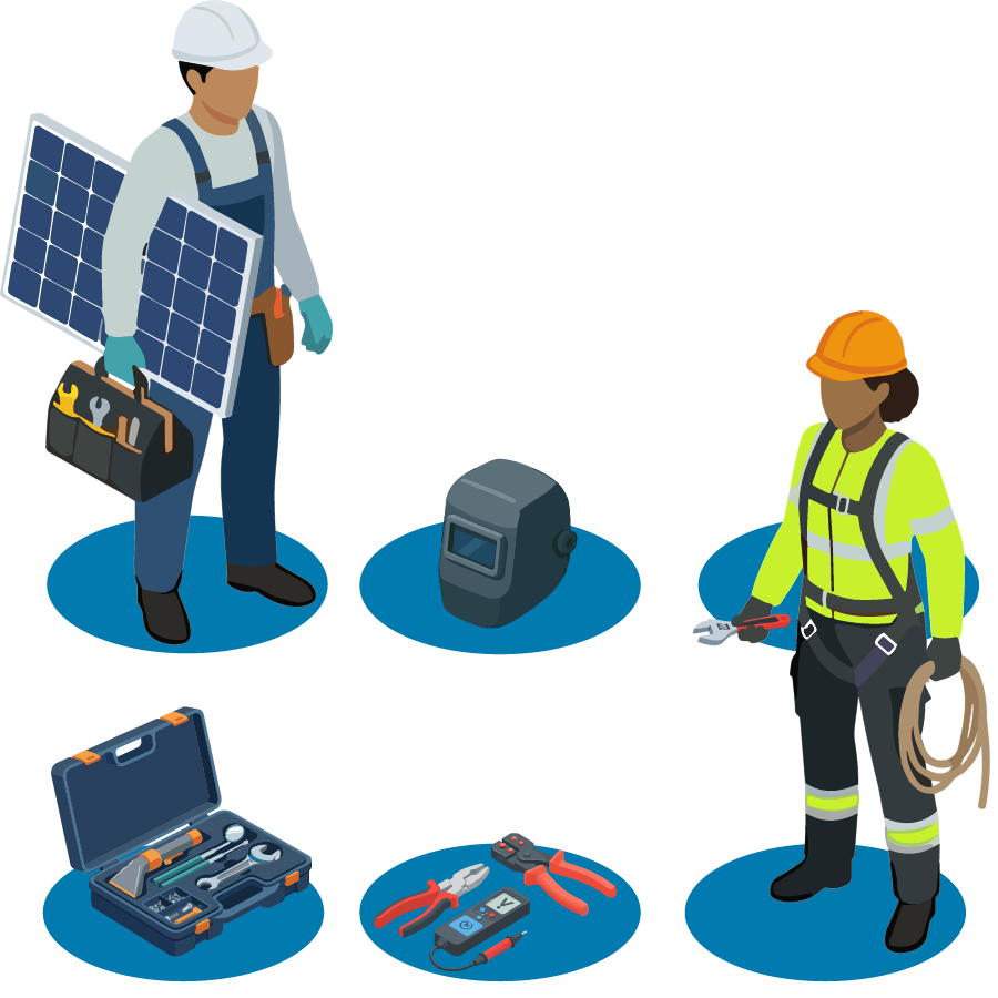 Illustration of six work spots in two rows, with only two filled by skilled-trade workers, a solar installer and a rigger, while the others hold only tools, including a welding mask, a tool case and electrician's tools.